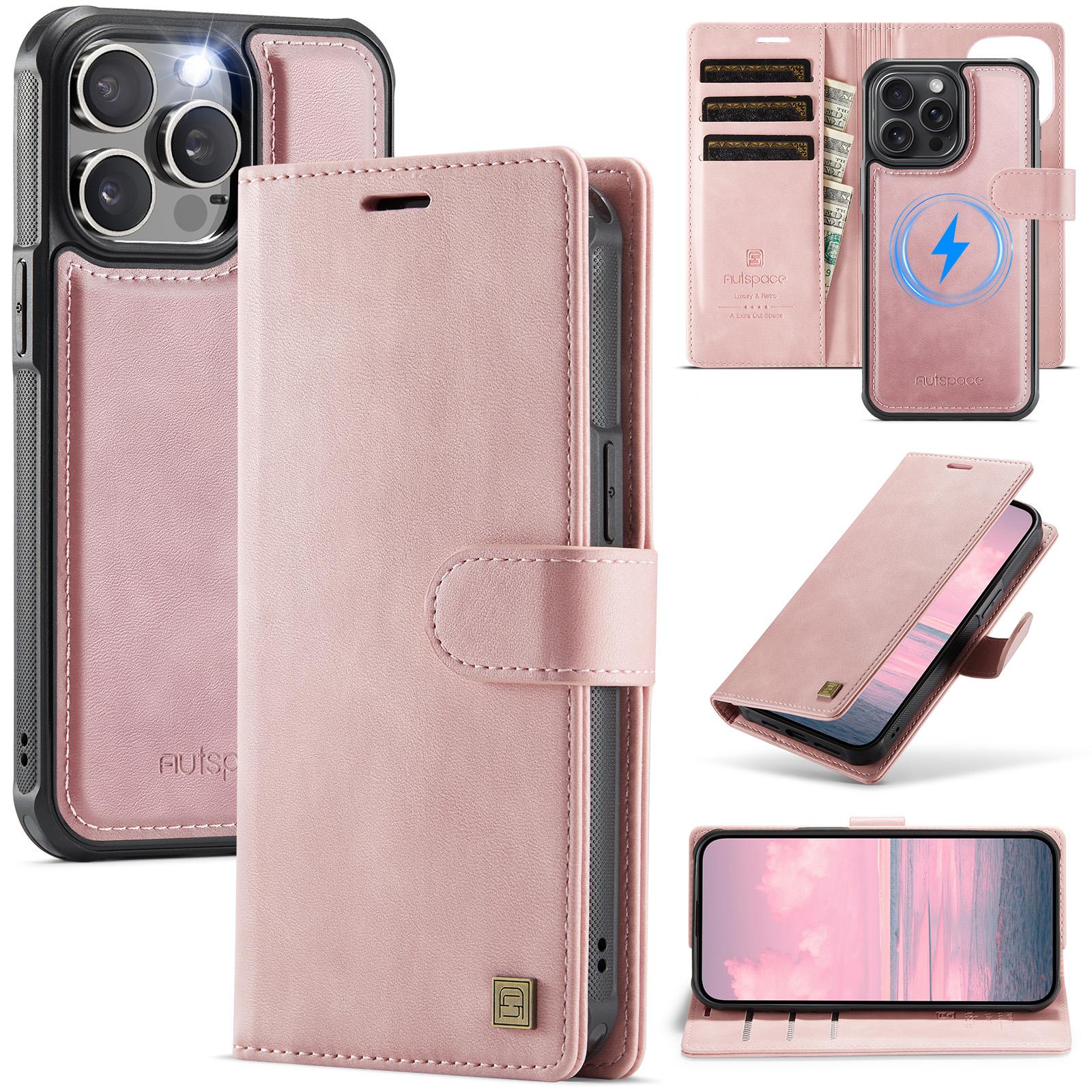 AUTSPACE A05 For iPhone 15 Pro Case Wallet Stand Detachable Leather Magnetic Phone Cover