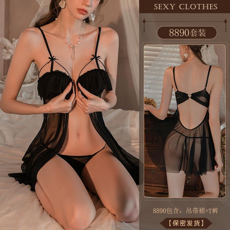 Sex underwear pure want suspender nightdress hot steel ring gathering transparent split pajamas uniform set