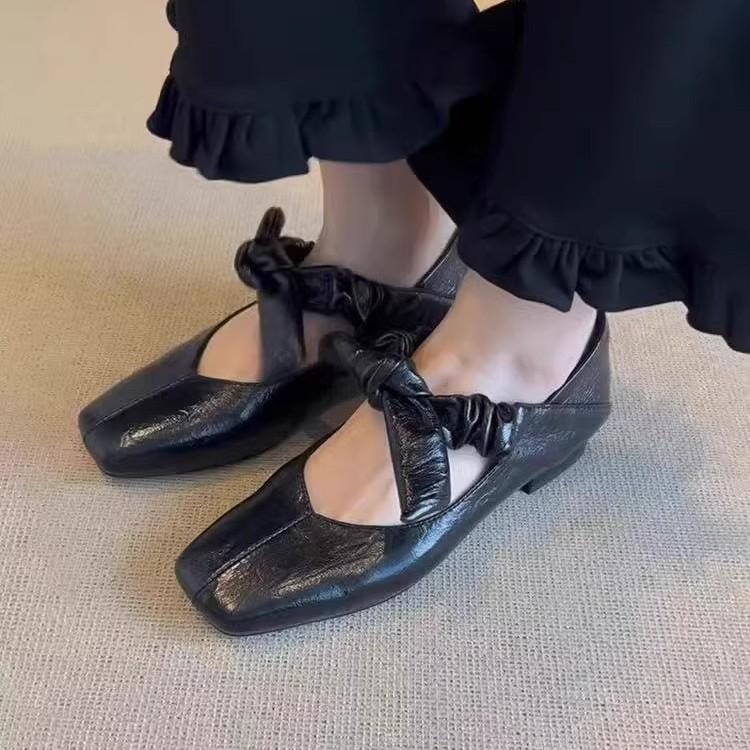 Cowhide version~ 2025 spring new silver bow Mary Jane shoes women's shoes square head light mouth flat sole shoes women