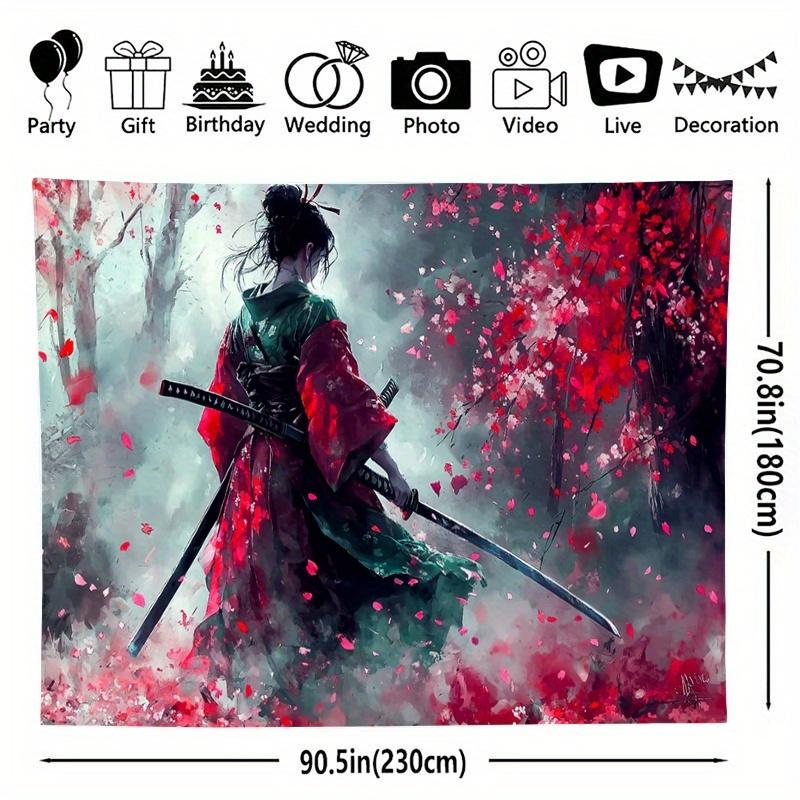 1pc, 2D flat, retro-style background banner depicting a female warrior, showcasing Japanese dreamlike landscape aesthetics, wsj