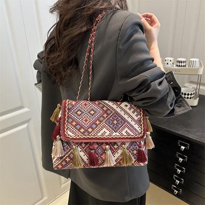 Ethnische Stickerei Canvas Damen Umhängetasche - Bedruckt Große Kapazität Vintage Quaste Mini Damen Geldbörse