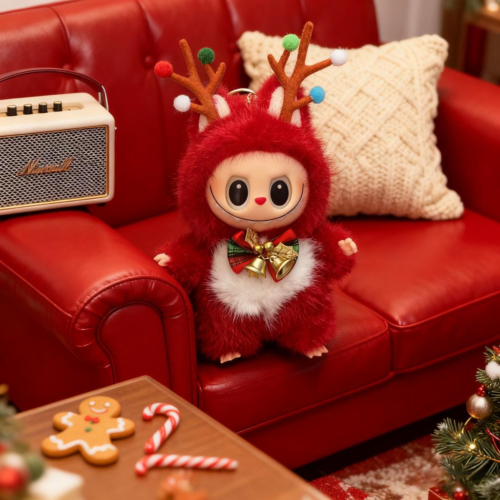 Labubu Renne de Noël Peluche Jouet Jouets en Peluche, Tissu Arc-en-ciel Boîte Aveugle, Sac Jouet en Peluche, Porte-clés