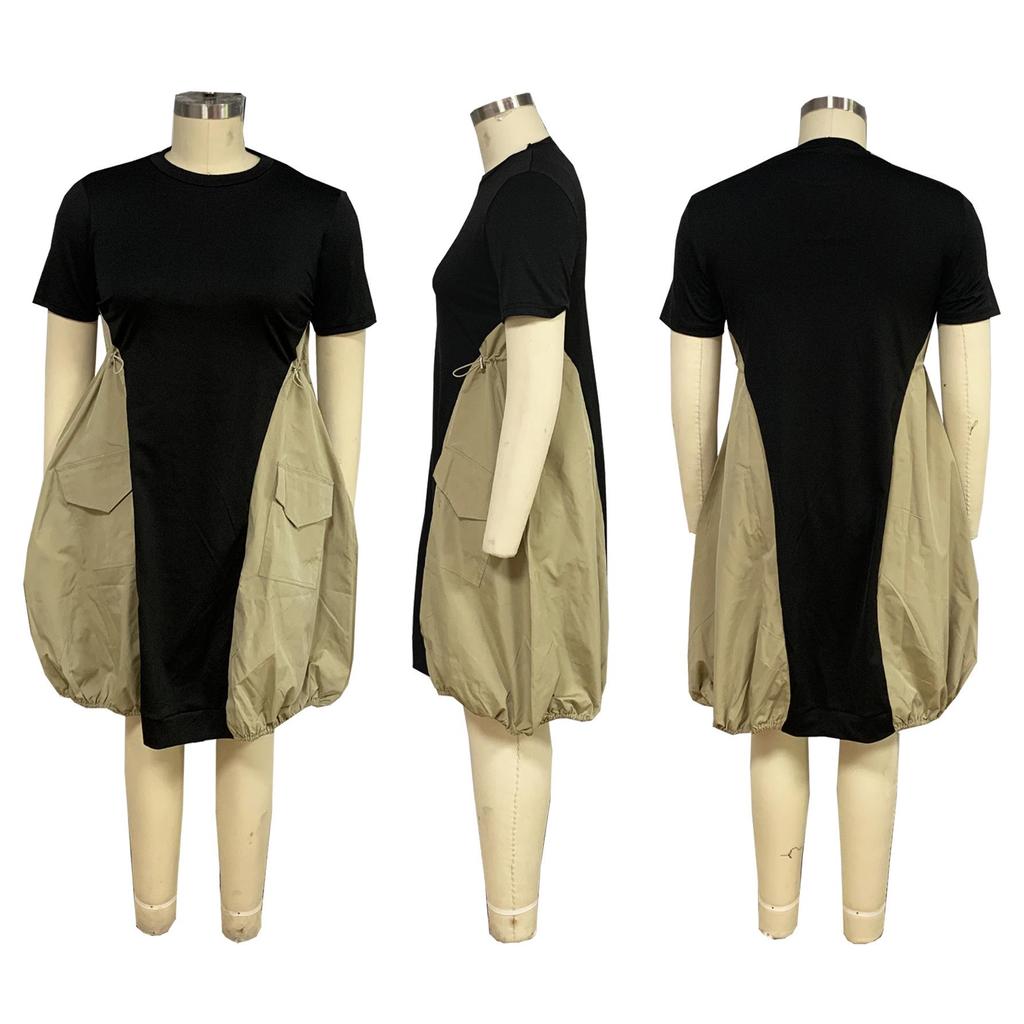 TW667 Summer Plus Size Women's Patchwork Dress - European & American Style, Loose Mid-Length