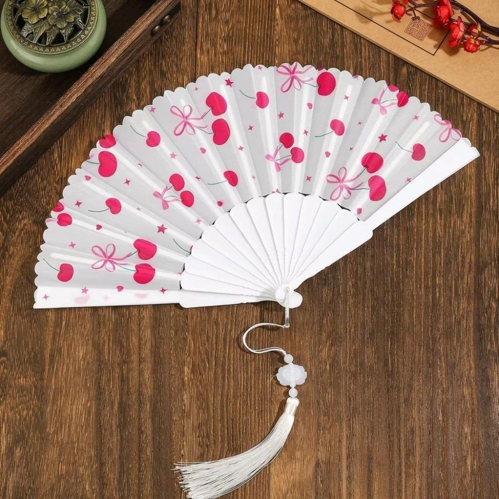 Ventilateur à main pliant design cerise motif fruité Ventilateur rafraîchissant Cadeau Ventilateur à pompon en tissu Femmes