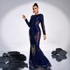 Elegant Long-Sleeve Sequin Evening Dress with Round Neck for Bridesmaids
