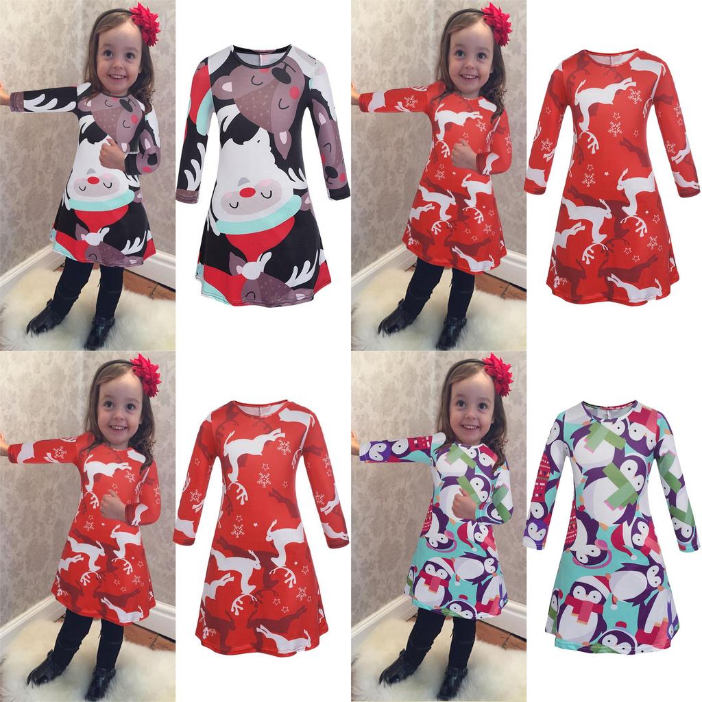 Christmas Kids Dress Girl Santa Claus Elk Long Sleeve Party Birthday Gift