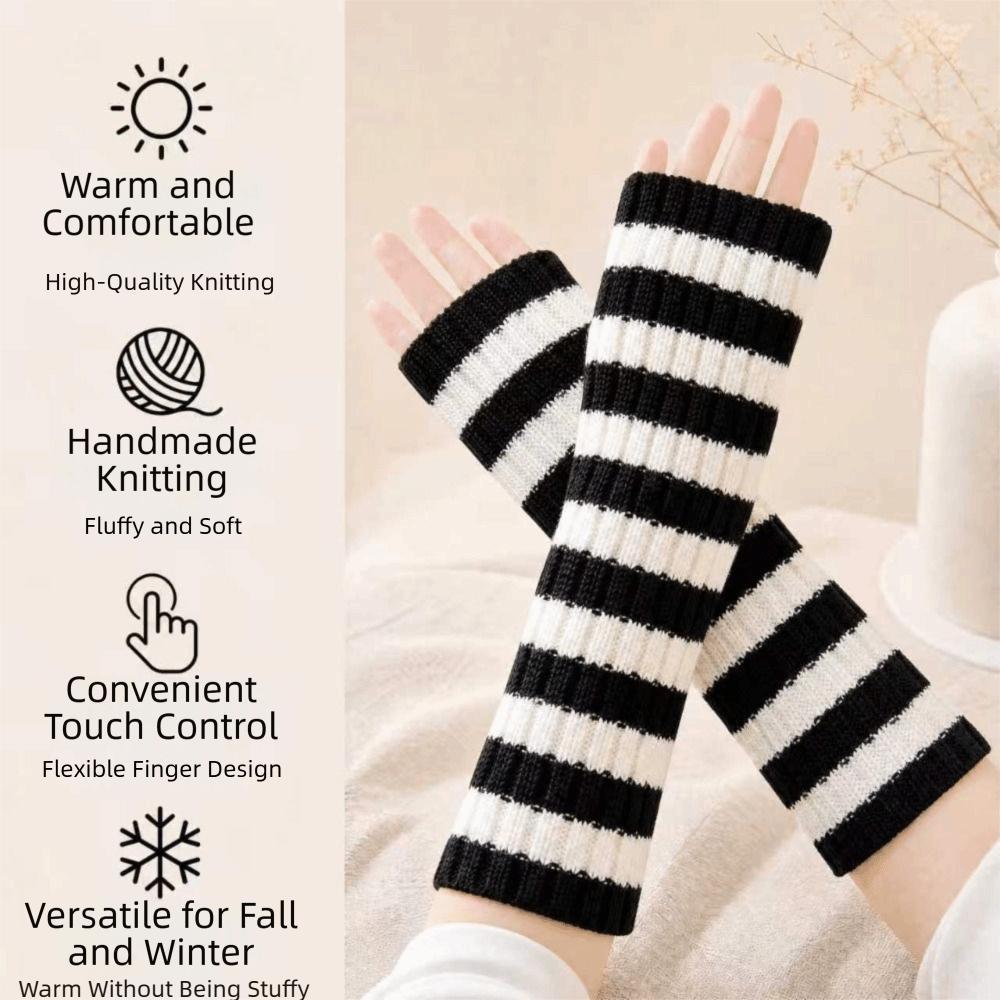 Elbow Length Long Fingerless Gloves Striped Knitted Gloves Wrist Sleeves  Cosplay Use