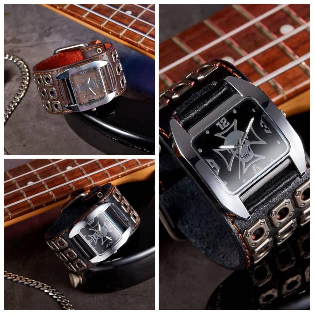 Retro Vintage Street Hip Hop Punk Rock Gothic Biker Uhr Quarz Stud Wasserdicht Männer PU Leder Armband Niet Ghost Skull Halloween