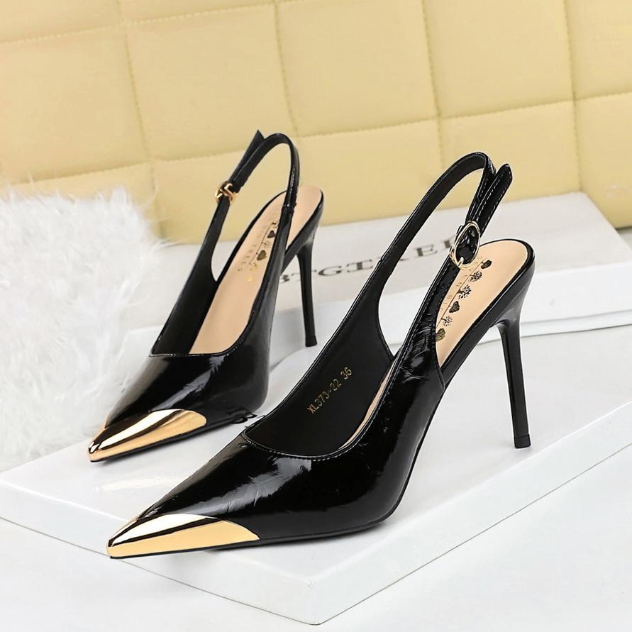 Fashion Super High Heels Women's Metal Pointed Back Hollow Thin Heel Women's Shoes Hollowed Out Back Strap Single Shoe