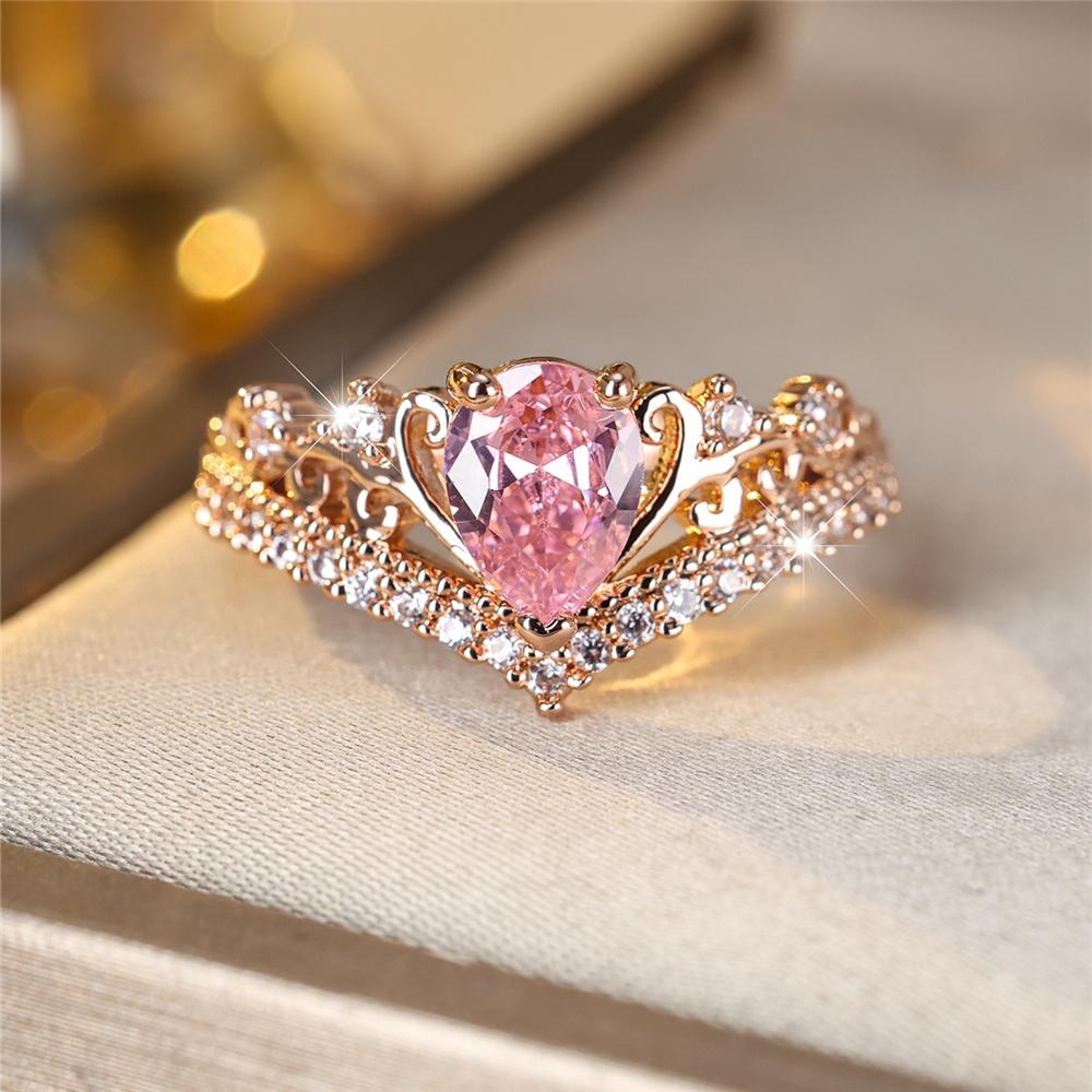 

Luxury Female Pink Water Drop Zircon Stone Ring Dainty Rose Gold Color Wedding Jewelry For Women 10 рожевий