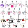 Original Copper Sewing Machine Scissors Charms Bead Inlaid Pink Zirconium Pendants Fit Bracelet Jewelry Lover Gift