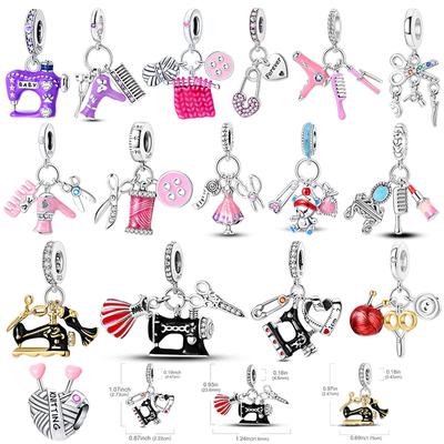 Original Copper Sewing Machine Scissors Charms Bead Inlaid Pink Zirconium Pendants Fit Bracelet Jewelry Lover Gift