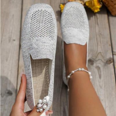 2024 NEW Solid Color Square Toe Mesh Loafers Shallow Women Flats Shoes Soft Bottom Knit Flats Mesh Shoes Casual Slip On Boat Shoes