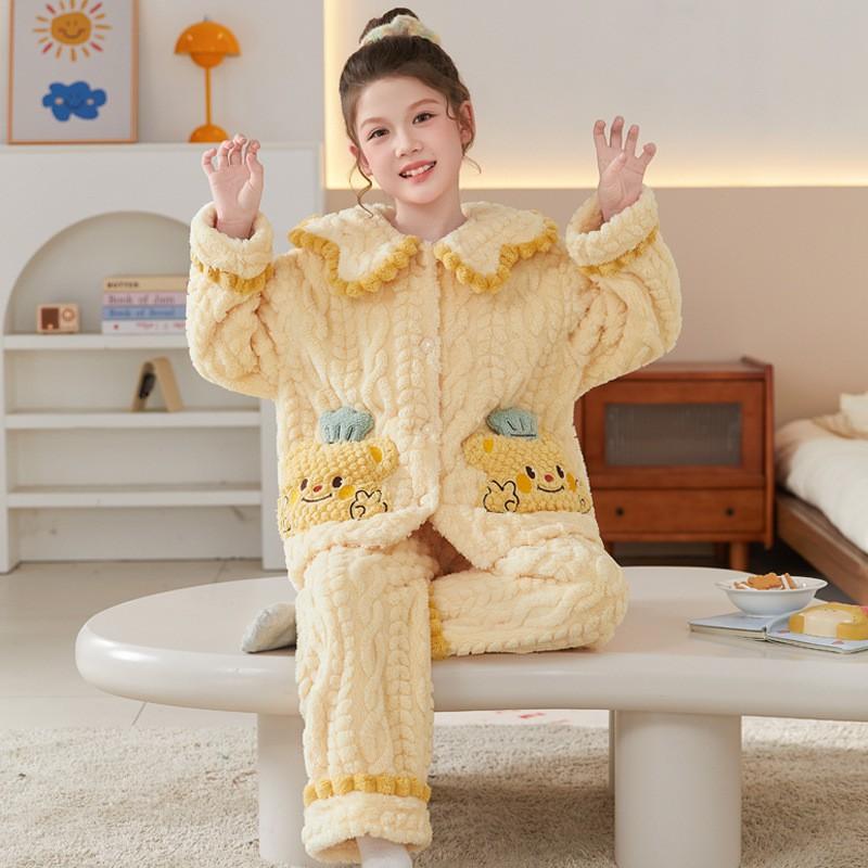 Girls Winter Coral Fleece Pajama Set Long Sleeve Hooded Sleepwear Kids 8 Years Soft Warm Home Outfit