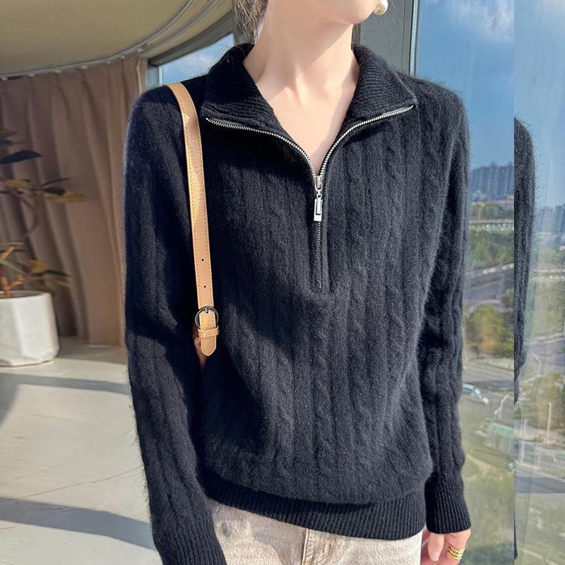 Autumn/Winter 2025 Women's High Neck Wool Knit Pullover: Ribbed Half-Zip, Soft & Fluffy Versatile Sweater