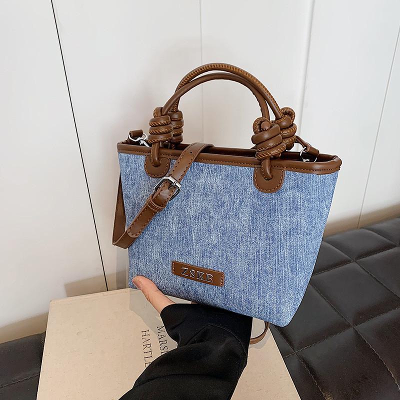 Ielgy Retro Portable Bucket Bag Korean Version Simple Casual Denim Shoulder Bag Fashionable All-Match