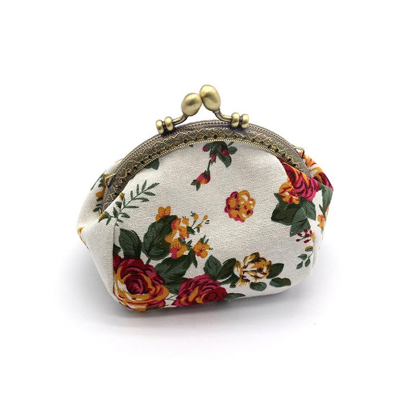 Women's vintage rose print canvas coin purse, kiss lock clip fabric purse card bag storage bag