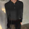 INCERUN Men Lapel Neck Long Sleeve Button Rib Texture Casual Tops T-shirts