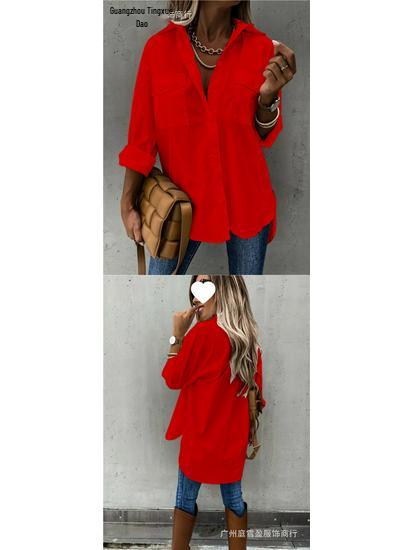 European American Women's Versatile Pocketed Long-Sleeve Lapel Shirt