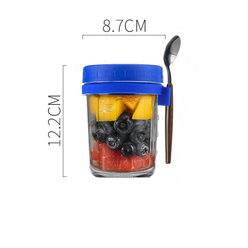350ML Glasbehälter Versiegelt Tragbarer Becher mit Deckel Löffelhalter für Joghurt Frühstückscerealien Haferflocken Milchbehälter mit Skala