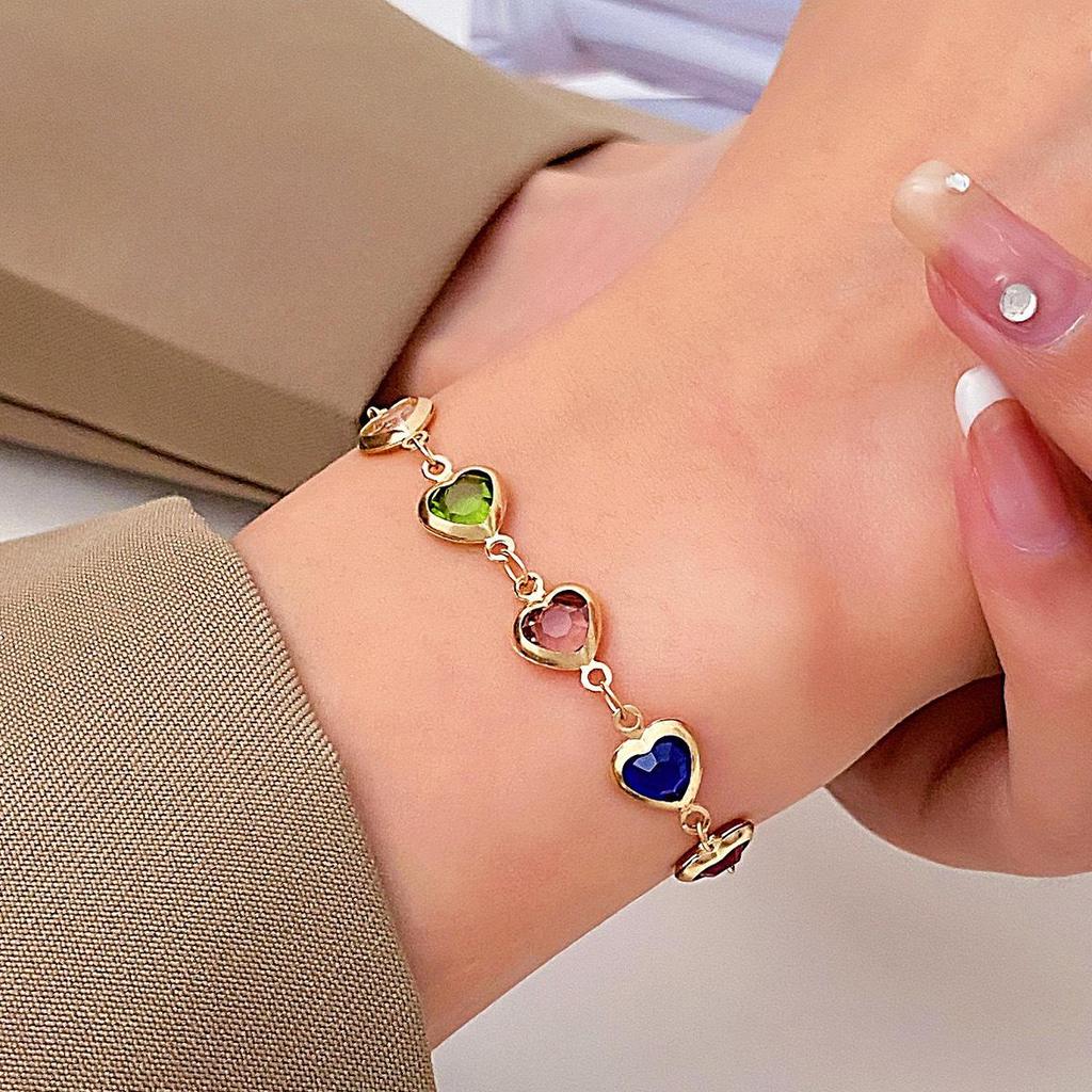 Colorful Heart Zircon Bracelet - European and American Style Alloy Heart-Shaped Dopamine Design