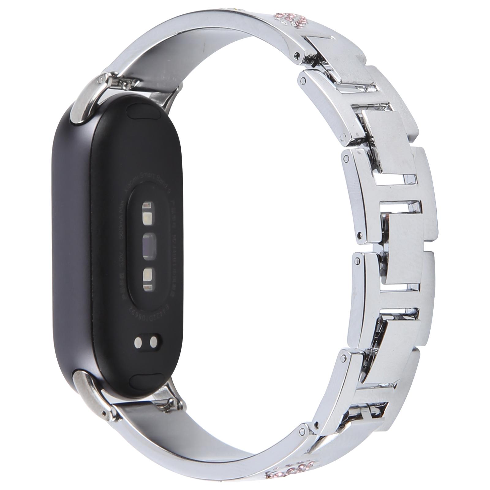 

For Xiaomi Smart Band 9/8 Rhinestone Decor Metal Bracelet Strap Replacement Watch Band Silver