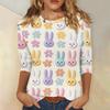T-shirt Casual Alla Moda da Donna con Stampa di Coniglietti Pasquali e Uova, Scollo, Manica a Tre Quarti