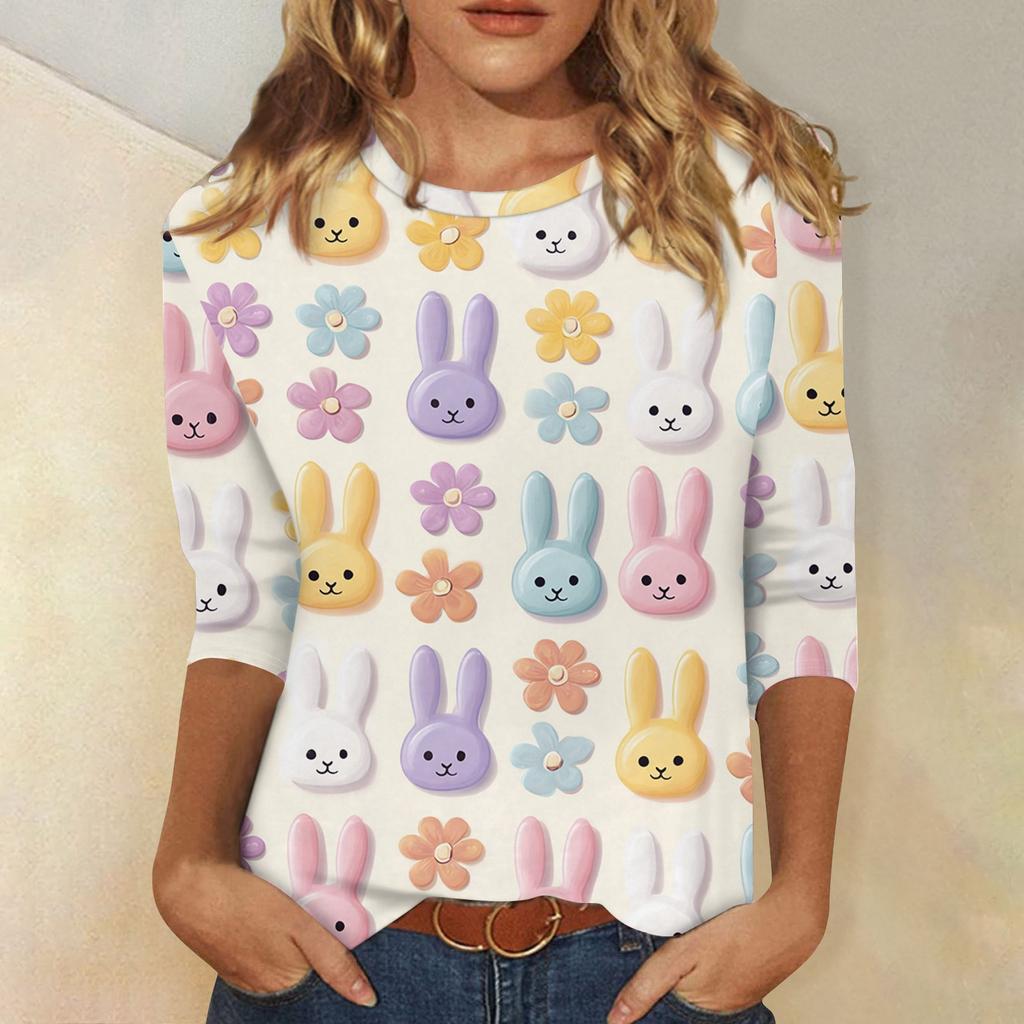 T-shirt Casual Alla Moda da Donna con Stampa di Coniglietti Pasquali e Uova, Scollo, Manica a Tre Quarti