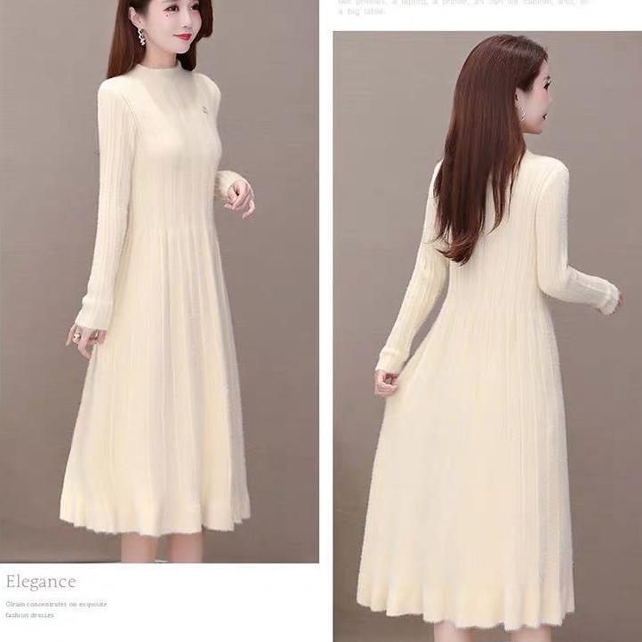 Long Knitted Dress for Women Autumn Solid-color Sweater Dress Imitating Mink Fur Cinched Waist and Trendy Solid-color Long-sleeved Knitted Sweater