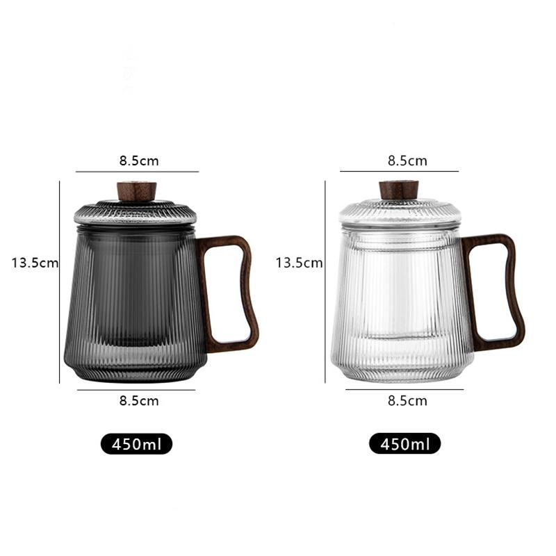 450ml Wooden Handle Vertical Stripe Heat-resistant Glass Tea Cup With Tea Infuser Filter Flower Tea Water Separation Tea Mug