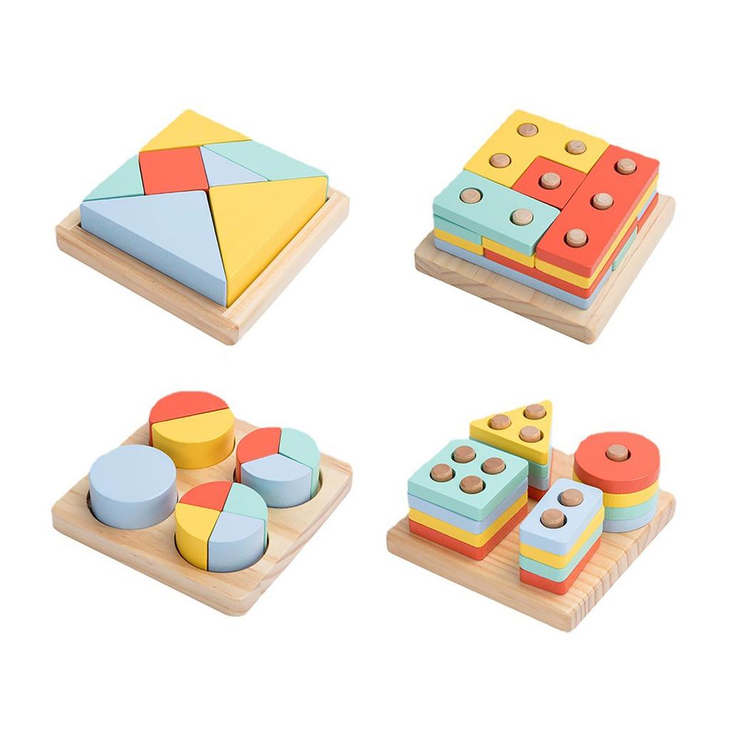 Buy Montessori Wooden Toy 4-in-1 Color Recognition Puzzle Stacking Toys ...