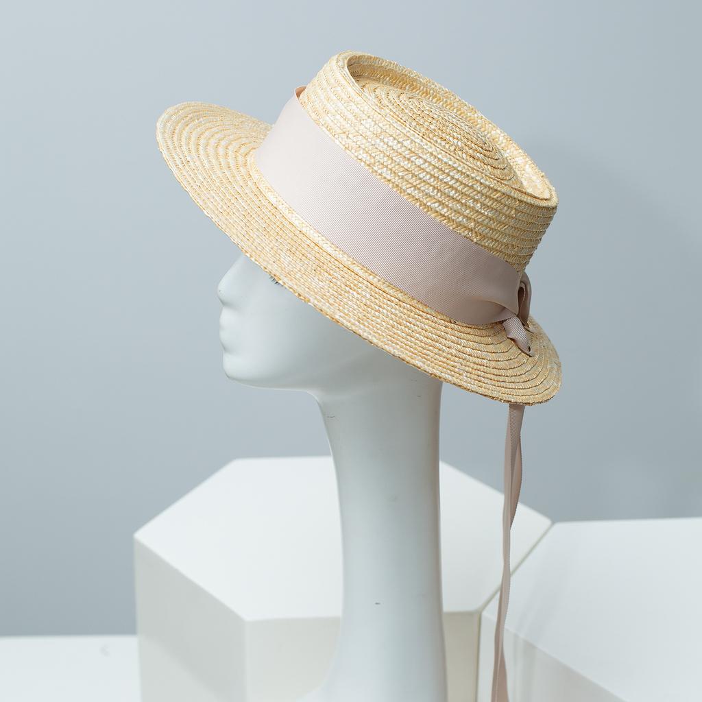 French Lace Ribbon Wheat Straw Hat Women summer Boater Beach Sun Cap Elegant Flat-Top Design with Wide Ribbon Bow Holiday Sunhat