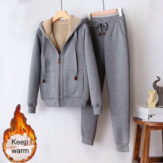 2Pcs/Set Long Sleeves Zipper Closure Elastic Waist Multi Pockets Fleece Lining Women Tracksuit