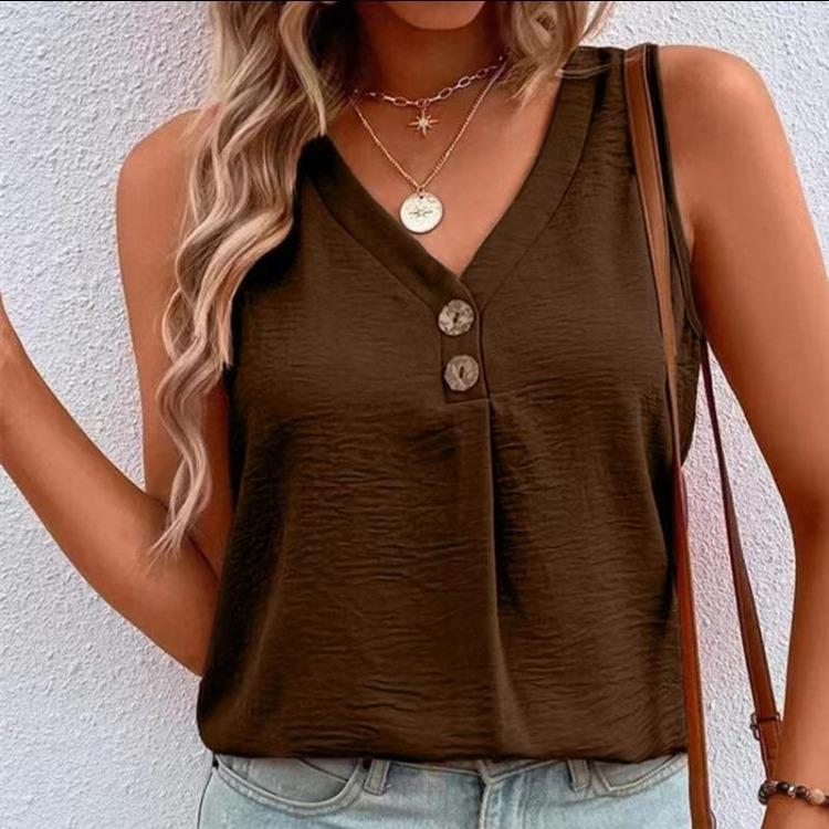 Women Casual Summer Sleeveless Solid Color Button Vest Pullover Top