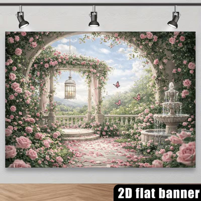 2D Pink Rose Garden Backdrop Romantic Archway Photography Background