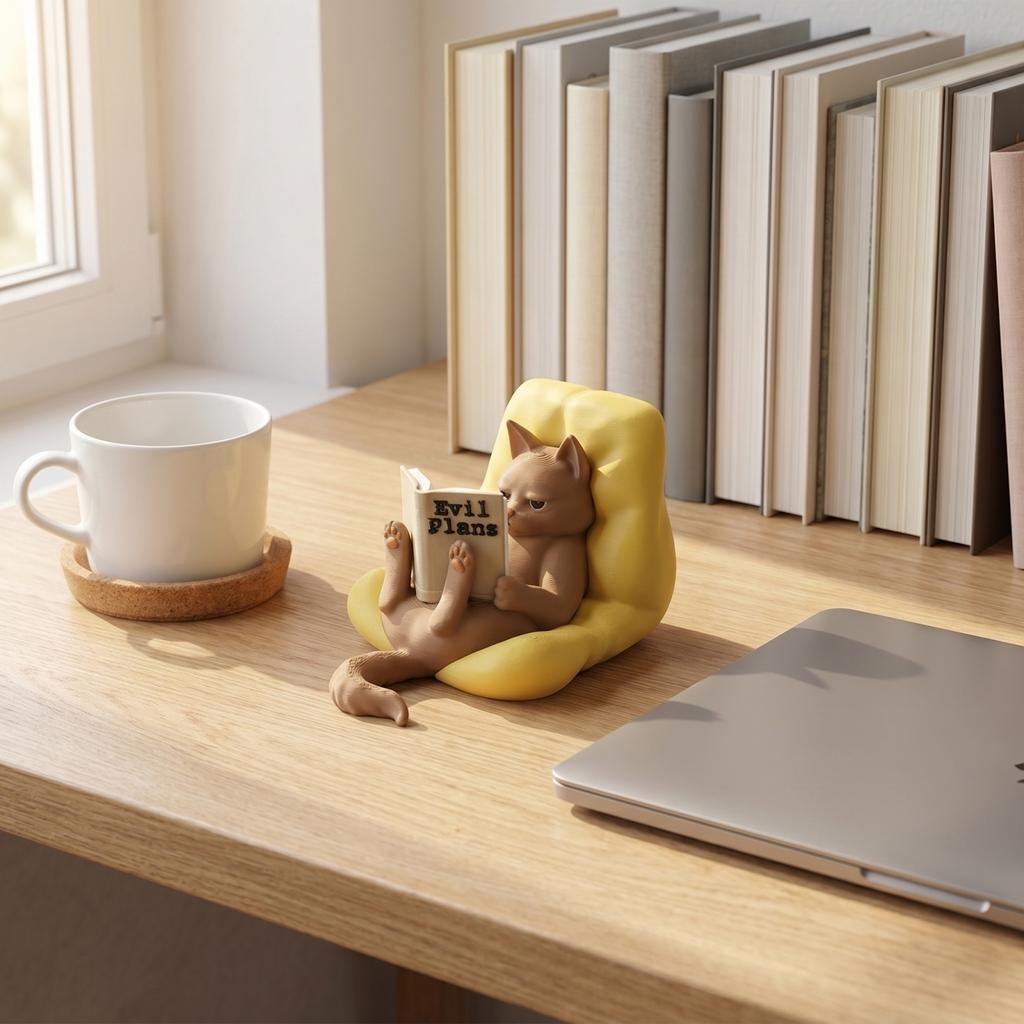 Kreative Katzenfigur beim Lesen eines Buches Modell Dekorative Skulptur für Schreibtisch Regal Heimbüro Display Einzigartiges Tierkunst-Ornament