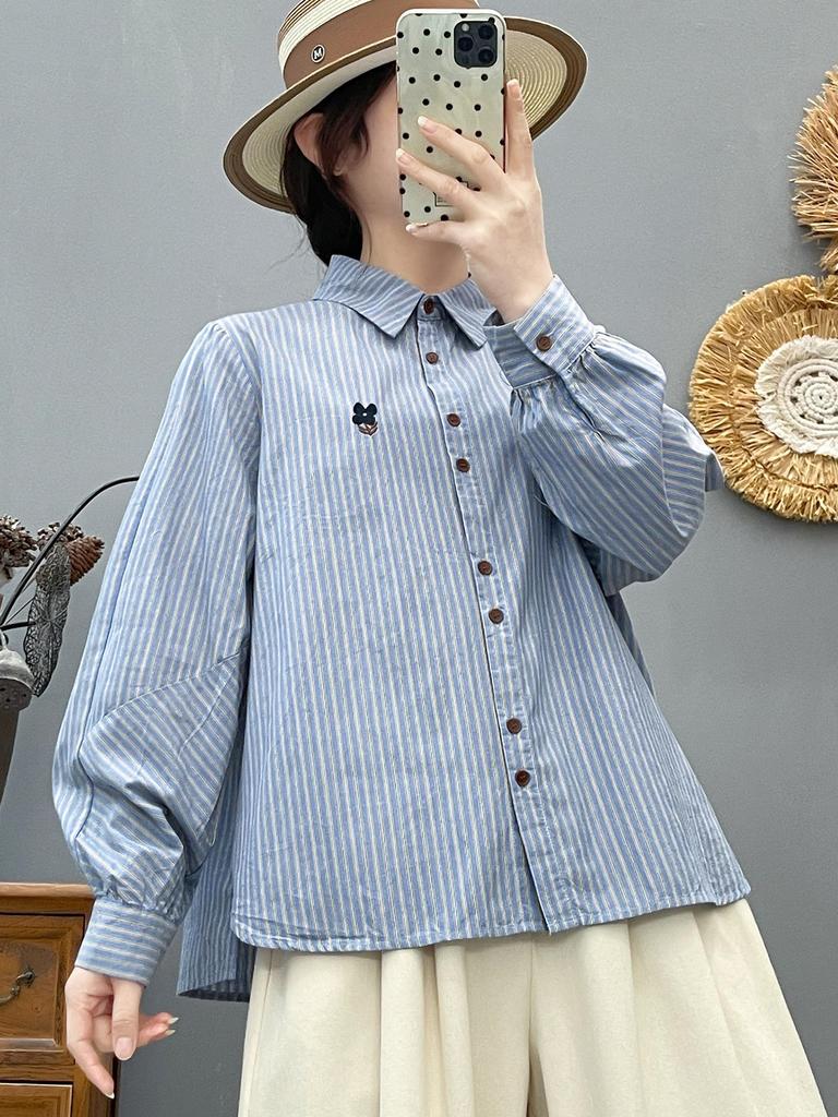 Women's Japanese Style Vertical Stripe Long Sleeve Shirt with Chic Floral Embroidery - High Quality Cotton Base Layer