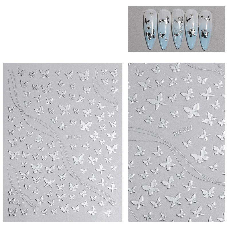

Наклейки для ногтей в виде бабочек, надевающие доспехи, развевающиеся бабочки, самоклеящиеся наклейки, серебряные наклейки для ногтей с горячим тиснением серебряный