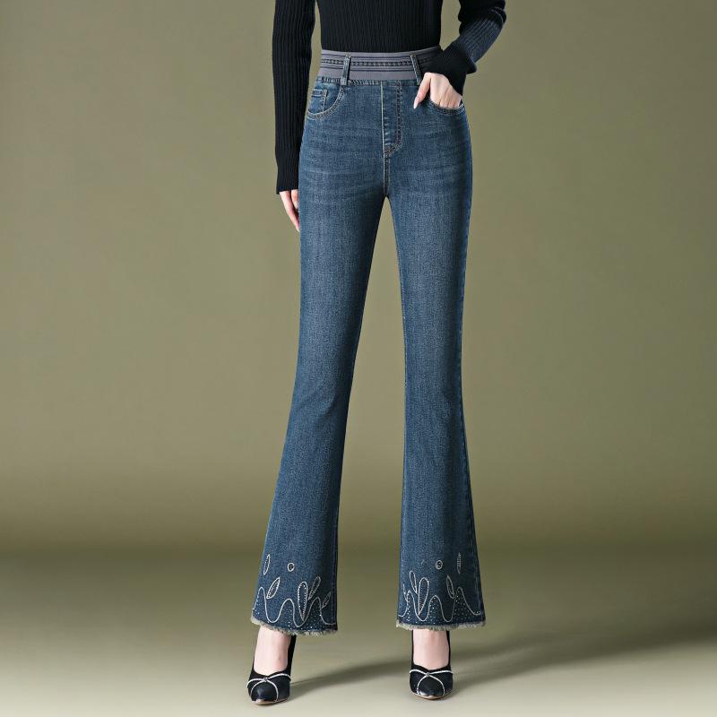 

Mid-Rise Flared Jeans for Women, with Frayed Hem and Rhinestones, Plus Size, Slimming Fit - New Spring/Autumn Collection 2XL синий