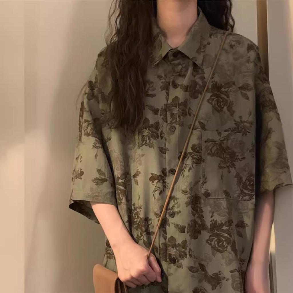 Vintage Japanese Retro Hong Kong Style Floral Short-Sleeve Shirt - Unisex Loose Casual Design