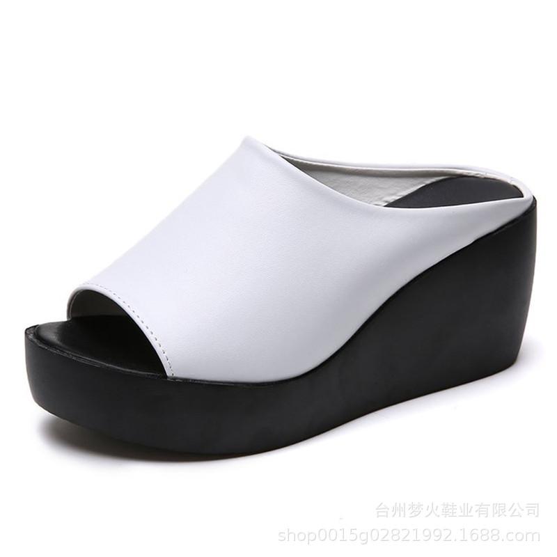 New slope heel cool slippers women's summer muffin thick sole solid color slippers high heel one word sandals