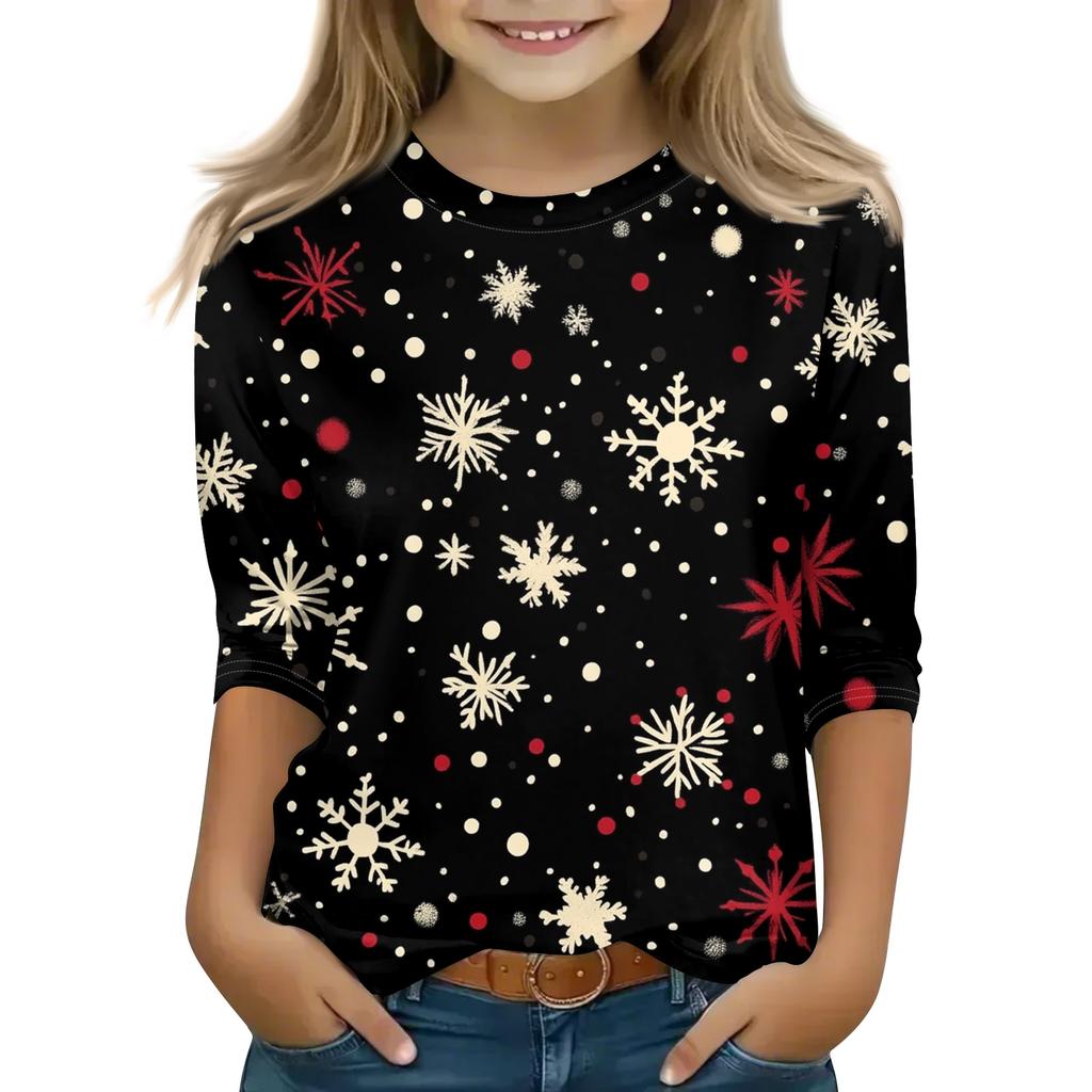 Christmas Day Print Tops For Youth Girls 5-16 Years Round Neck 3/4 Sleeves T-Shirts Trendy Tops Outfit Tees