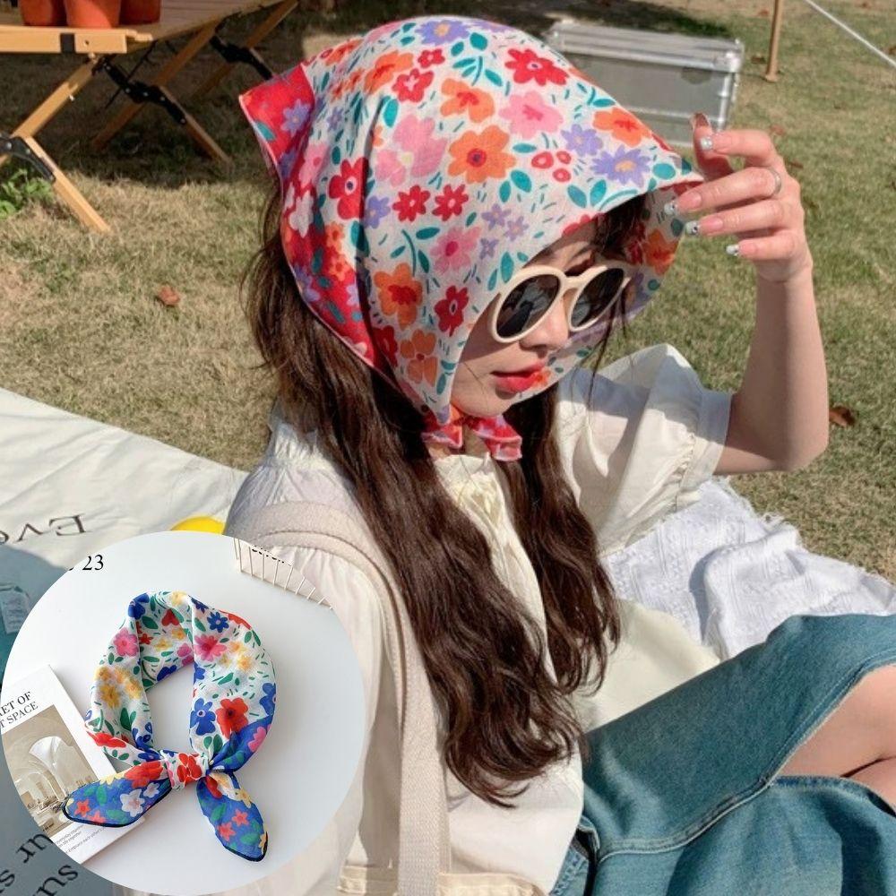 Korean Floral Printed Head Scarfs Women Bandanna Floral Pattern Summer Scarf Cotton Square Neck Scarf Shawl Headband Neckerchief