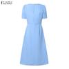 ZANZEA Women Casual Round Neck Short Sleeve Pleated Dress