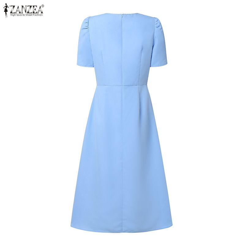 ZANZEA Women Casual Round Neck Short Sleeve Pleated Dress