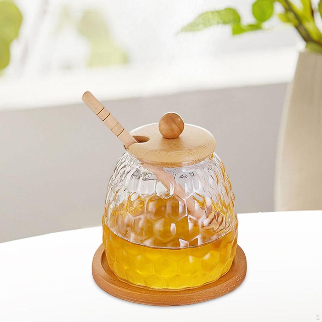 Honey Jar with Dipper and Lid Glass Pot for Dining Table Wedding Party 350ml