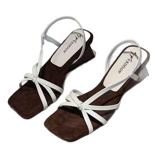 With square head, one-word open-toe with skirt, summer temperament 2025 new high-heeled Roman shoes, wedge-heeled sandals, women's models