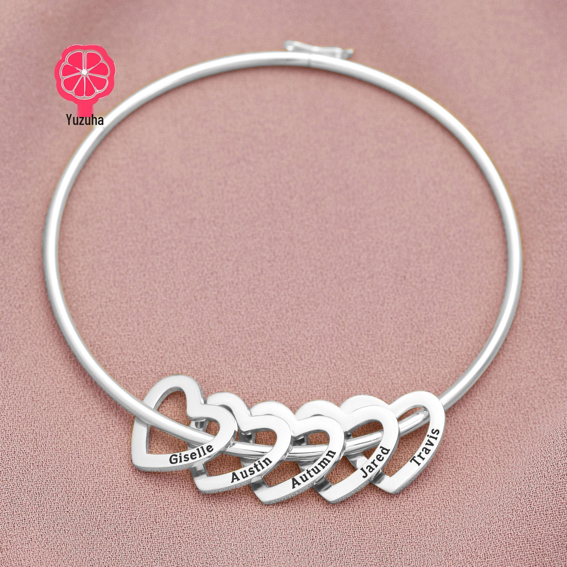 

Personalized Stainless Steel Heart Bangle Bracelet - Custom Family Name Peach Heart Design, Perfect for Christmas Gift Extra 1 Heart [Engraved]