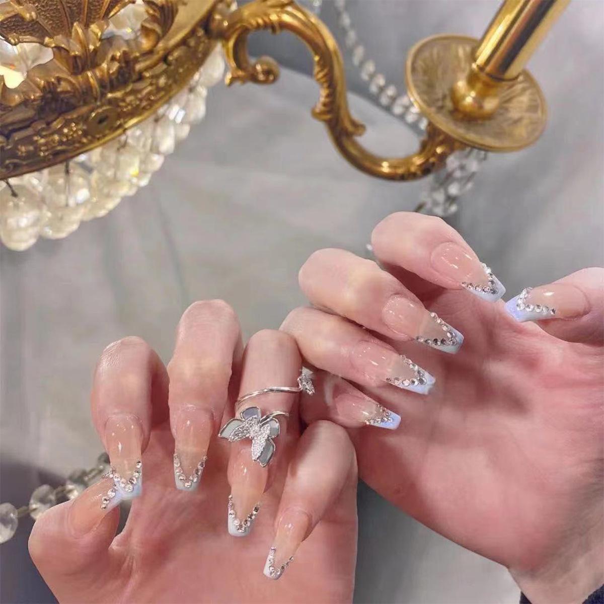 Light purple French full diamond long ballet nail patch nail patch wearing nail art finished fake nail removable nail