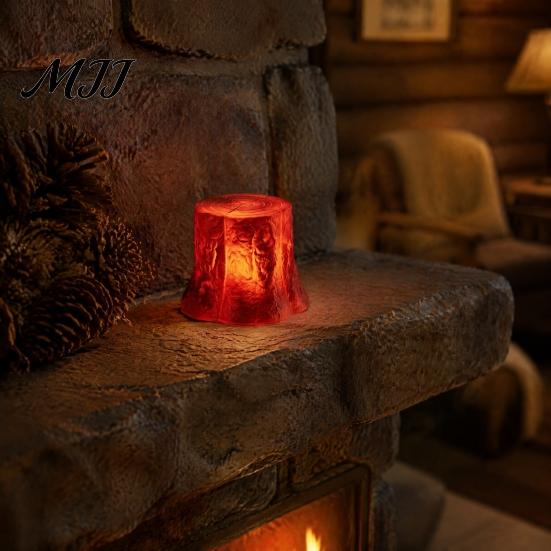 Warm Red Light Shadow Lamp LED Tree Stump with Realistic Flame Effect, Simulated Pit Wood Bonfire Effect Night Light, Battery Operated Faux